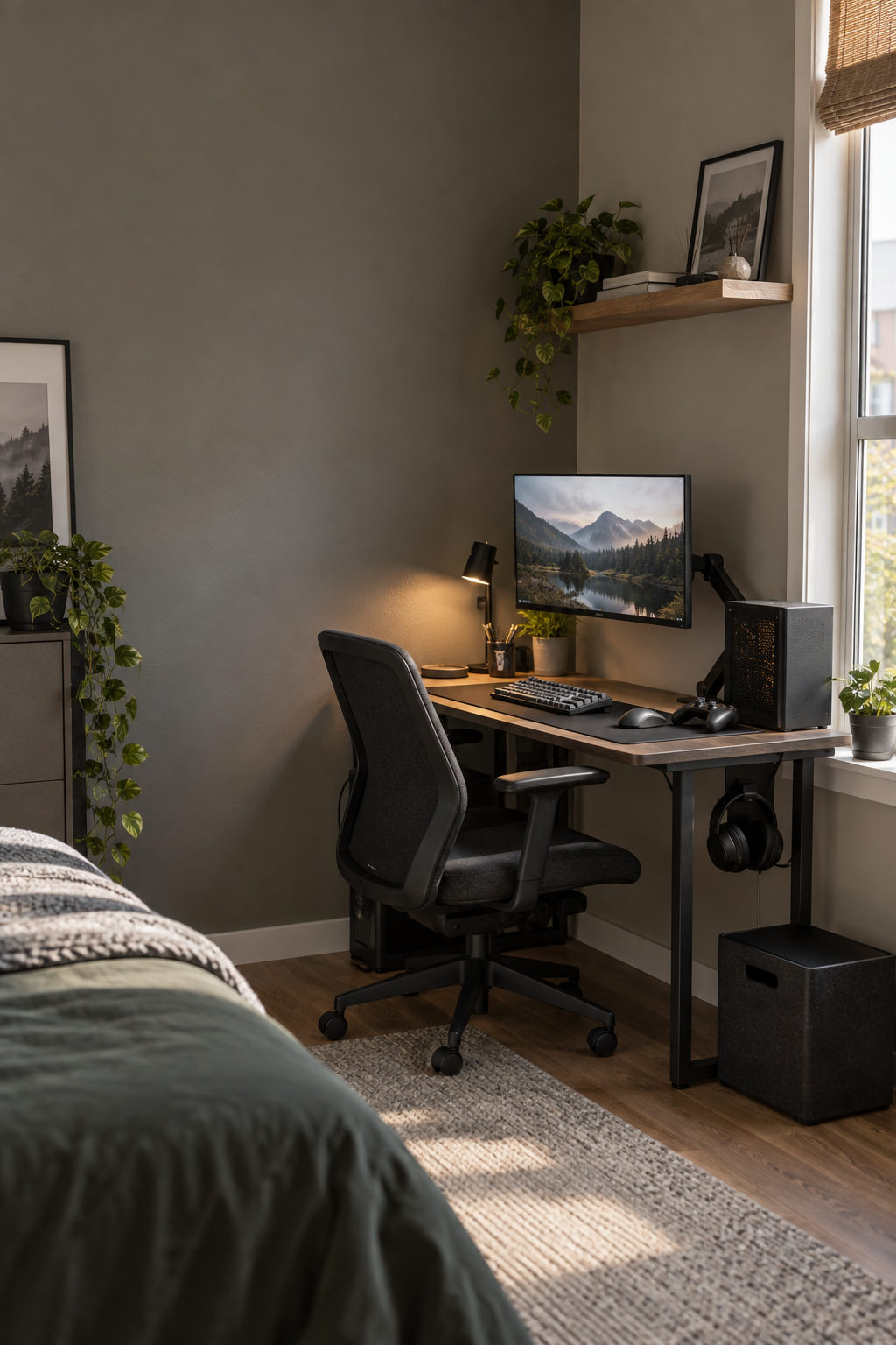 A tidy compact gaming desk in a small apartment bedroom corner